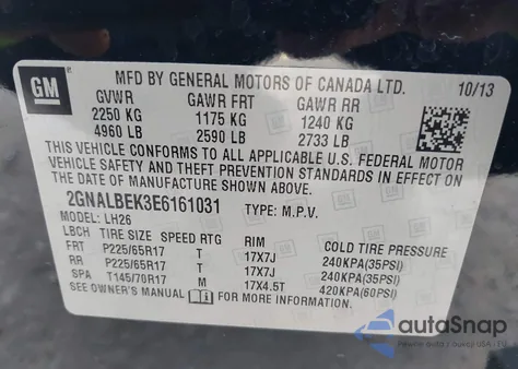 2014 Chevrolet Equinox 1Lt z USA, uszkodzony, nr VIN 2GNALBEK3E6161031